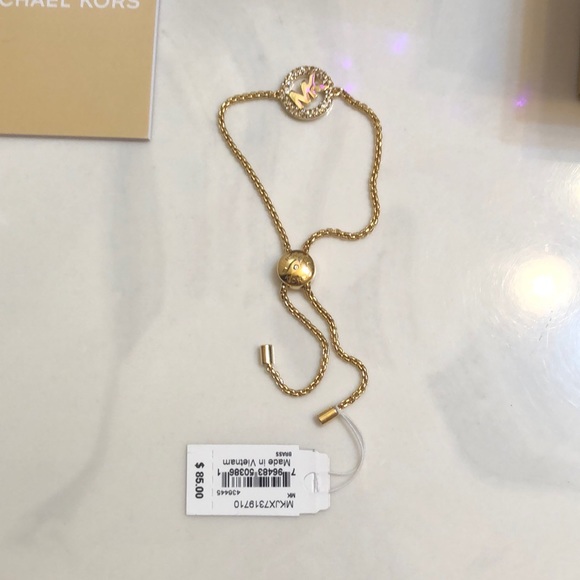 Michael Kors Gold Tone Slider Bracelet Open Frame Circle & MK Logo Crystal NWT - Picture 2 of 16